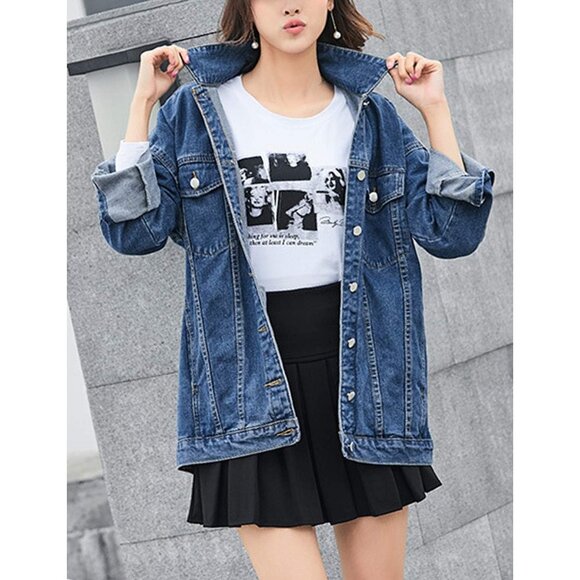 Women's Oversized Mid Long Denim Jacket Jean Biker Coat Long Sleeves Dark Blue - Picture 8 of 9